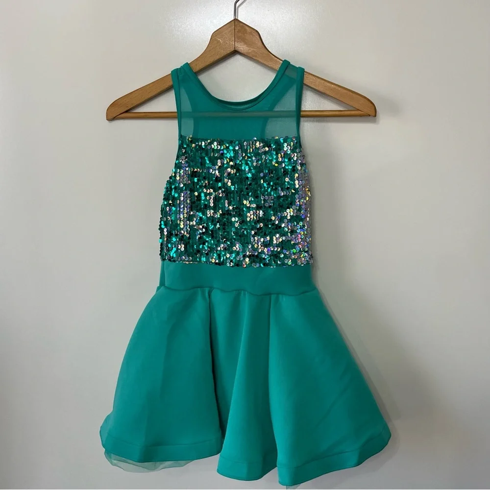Weissman Girl’s Studio Exclusive Light Teal Sequin Dance Dress, size MC (10/12)